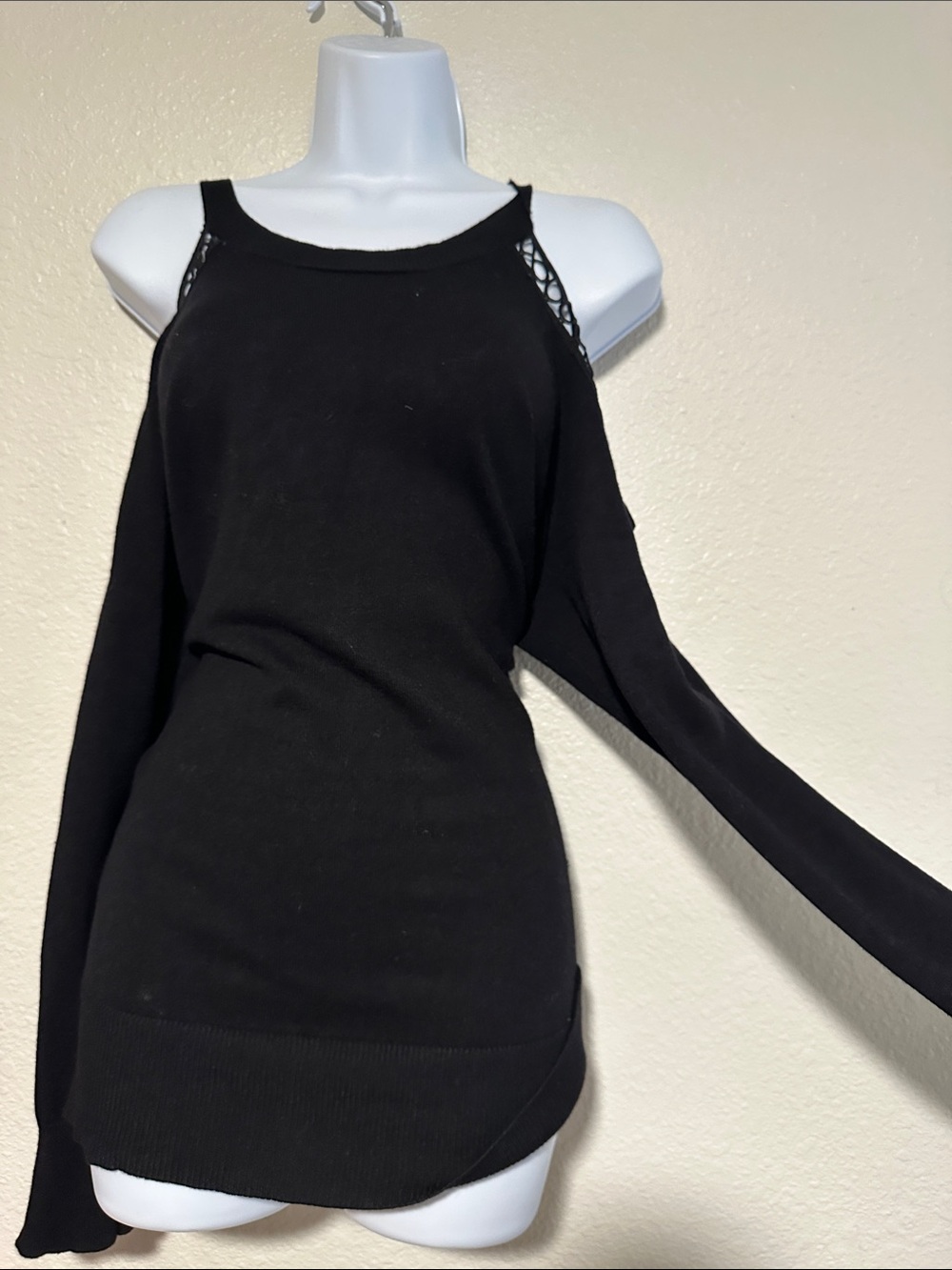Women's Black Cold-Shoulder Sweater Top with Strap Detail